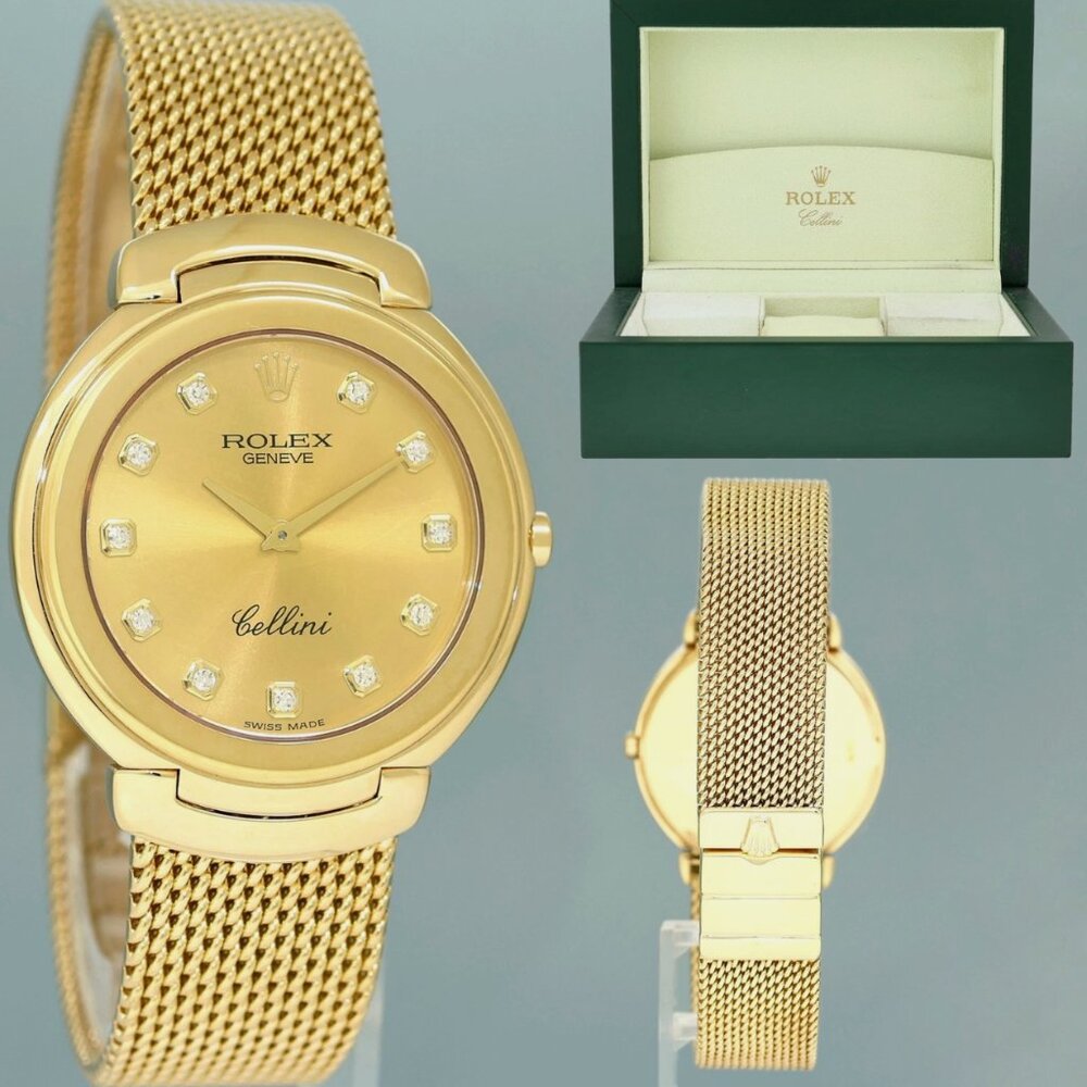 MINT Rolex Cellini Champagne Diamond Dial Yellow Gold 37mm Mesh Watch Box